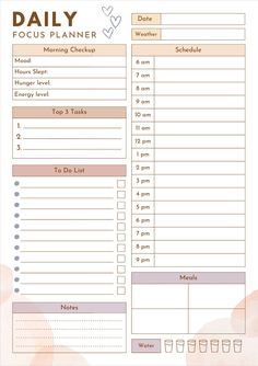 a daily planner with coffee cups on the side and pink polka dot dots in the background