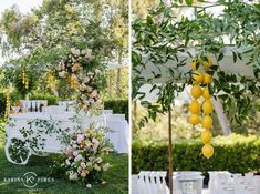 an outdoor ceremony with lemons hanging from the tree and flowers in vases on the table