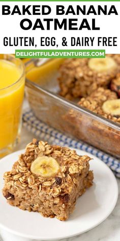 an image of baked banana oatmeal bars on a plate with orange juice