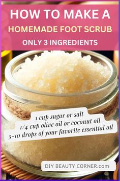 Discover how to make a homemade foot scrub using only three simple ingredients. This easy DIY foot scrub recipe will leave your feet feeling soft, smooth, and refreshed. Perfect for an at-home spa day or a DIY pedicure, this natural scrub uses common kitchen ingredients like sugar, olive oil, and essential oils. Pamper your feet with this nourishing and effective remedy! #DIYFootScrub #HomemadeScrub #DIYPedicure #FootCare #HomemadeFootScrub How To Make Feet Soft And Smooth, Soft Feet Remedy At Home, Foot Scrub Diy, Diy Foot Scrub Recipes, Homemade Pedicure, Diy Spa Day At Home, Foot Scrub Recipe, Homemade Foot Scrub, Diy Foot Soak