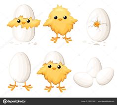 cartoon chicken hatched in an egg shell with different expressions stockvectors and illustrations