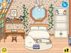 a cat sleeping on top of a bed in a room with furniture and decor around it