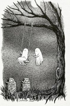 two ghostes hanging from a tree in front of tombstones