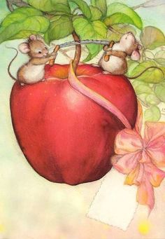 an apple with two mice sitting on top of it next to a flower and leaves