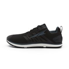 a black running shoe on a white background