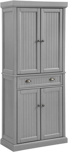 a gray cabinet with two doors and drawers on the bottom shelf is shown against a white background