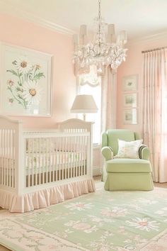 a baby's room with pink walls and green furniture