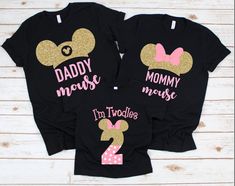 two matching shirts with pink and gold minnie mouse ears on them, one is for mom and the other is for daughter