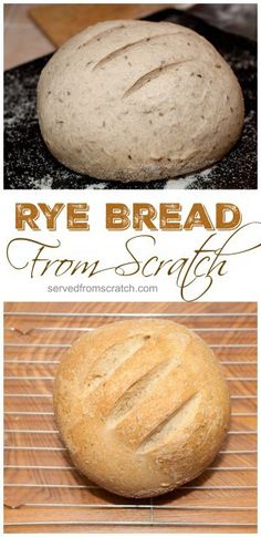 an image of rye bread from scratch with text overlays and images above it