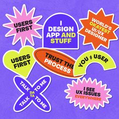 various stickers on a purple background that say, i design app and stuff to use