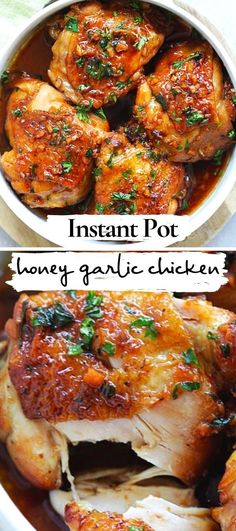 instant pot honey garlic chicken in a white bowl with text overlay that reads instant pot honey garlic chicken