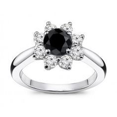 Flower Design Black Diamond Engagement Ring. The center stone consists of a 1.00 carat round cut black color diamond in AAA Clarity. Surrounded by 0.80ct round cut side diamonds in a prong setting with SI Clarity and G-H Color. Handcrafted in 14k Gold, 18k Gold or Platinum 950 setting. Design Engagement Ring, Black Diamond Engagement Ring, Black Diamond Engagement, Black Diamond Ring Engagement, Diamond Flower, Designer Engagement Rings, Diamond Engagement Ring, Black Diamond, Flower Design