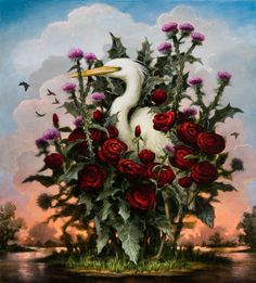 a painting of a white crane surrounded by red roses