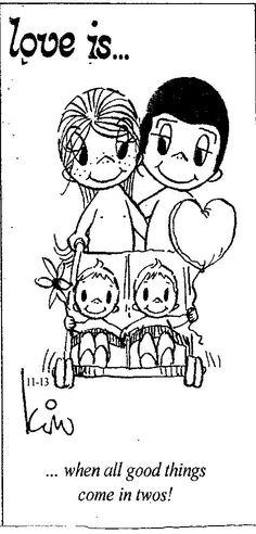 an old coloring book page with two children and the words love is written on it