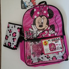 New. Unused. Bioworld Disney Minnie Mouse Backpack. 5 Piece Mega Set. Backpack, Lunch Kit, Water Bottle, Zip Case And Gel Bead Ice Pack. Pink Minnie Mouse Backpack For Disney Trips, Pink Disney Backpack For Back To School, Pink Minnie Mouse Standard Backpack, Minnie Mouse Standard Backpack For School, Minnie Mouse Standard School Backpack, Minnie Mouse Backpack For Travel And Back To School, School Backpack With Minnie Mouse Design, Cute Minnie Mouse Backpack For School, Minnie Mouse Backpack For Back To School