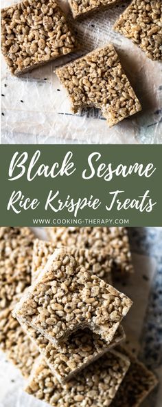 black sesame rice krispie treats stacked on top of each other with the title above it