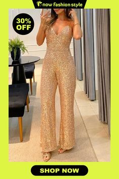 Sexy Solid Sequins Sequined V Neck Regular Jumpsuits 60th Birthday Dress, Birthday Dress Ideas For Women, Birthday Dress Ideas, Jumpsuit Online, Birthday Dress, Fashion Gallery, 60th Birthday, Dress Ideas, Birthday Dresses