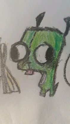 a child's drawing of a green dog with big eyes