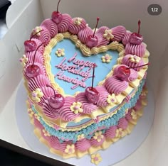 a heart shaped cake with pink and blue frosting