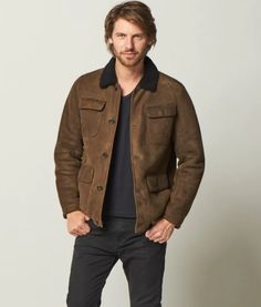 Men's Sheepskin Trucker Jacket in Dark Brown Rugged Winter Leather Jacket For Work, Rugged Leather Jacket For Winter Workwear, Classic Brown Outerwear With Suede Lining, Winter Brown Leather Jacket With Suede Lining, Brown Leather Jacket With Suede Lining For Winter, Masculine Leather Jacket For Workwear In Winter, Masculine Winter Leather Jacket, Masculine Winter Leather Jacket With Pockets, Winter Leather Jacket With Suede Lining