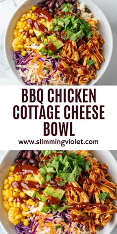 two bowls filled with bbq chicken and coleslaw salad on top of each other