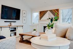 a living room filled with furniture and a flat screen tv mounted on the wall above a fireplace