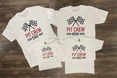 If you're having a racecar themed party, these shirts are fun for everyone! Include grandpa and great grandma! All custom and made to order so just tell me the name you want. We had a TWO FAST TWO CURIOUS birthday party and everyone loved these shirts. 2 Fast 2 Curious Birthday Shirts, Pit Crew Family Shirts, Race Car Birthday Shirt Family, Pit Crew Shirts, Nascar Pit Crew, Kids Graphic Tees, Matching Shirts, Race Cars, Party Themes