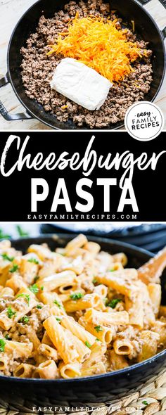 cheeseburger pasta in a skillet with text overlay