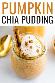 pumpkin chia pudding in a glass jar with cinnamon sticks and whipped cream on top