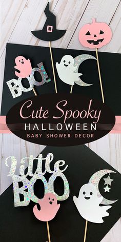 halloween photo booth props with the title cute spooky halloween baby shower decor