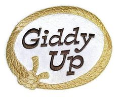 the giddy up logo is shown in brown and gold on a white circle with rope