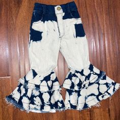 Adorable Toddler Girl’s Denim Bell Bottoms With Distressed “Bleached” Appearance. Vintage Baby Boy Clothes, Elastic Waistband Jeans, Denim Bell Bottoms, Beau Hudson, Vintage Baby Boys, Elastic Waist Jeans, Toddler Jeans, Waxed Jeans, Straight Crop Jeans