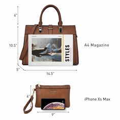 Product Description: This classic handbag is made from synthetic leather with a double handle and a removable/ adjustable shoulder strap, now with extra back zipped compartment, which is easy to match the outfits and great for casual or official occasions. What is different is that top zipper closure with an extra flap-over belt for double safety, and the matching pouch measures 9'' x 6'', which could be served as a single clutch. Made of high quality faux leather material, and soft polyester li Brown Faux Leather Satchel With Double Handle, High-end Rectangular Soft Leather Satchel, High-end Textured Leather Satchel For Daily Use, Versatile Solid-color Faux Leather Satchel, Eco-friendly Rectangular Satchel With Leather Handles, Work Purse, Leather Satchel Handbags, Classic Handbags, Satchel Handbags