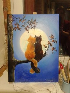 a painting of two cats sitting on a tree branch with the moon in the background