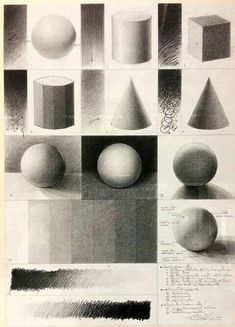 an old book with different shapes and lines on the pages, including one large ball