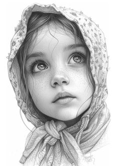 a pencil drawing of a girl with blue eyes and a scarf on her head, wearing a headscarf