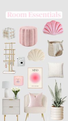 the room is filled with pink and white accessories