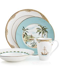 an image of a set of dinnerware with palm trees