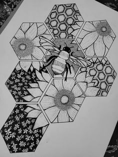 a black and white drawing of bees on honeycombs with flowers in the background