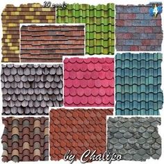 many different types of roofing tiles in various colors and sizes, including red, green,