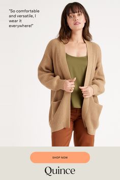 She's giving cozy evenings, busy days, chill vibes. Our fave organic cotton cardigan has dropped shoulders and lantern sleeves for a relaxed look—even if you're running about town. Roomy front pockets add to the coziness and functionality. We made her in a bit of an oversized fit so you can wrap up in soft supple cotton.  | Quince | Women's OverSized Cardigan Sweater in Camel, Size Small, Organic Cotton Neutral Loungewear, Oversized Cardigan Sweater, Cotton Sweaters, Oversized Sweater Cardigan, Chill Vibes, Open Front Sweater, Oversized Cardigan, Cotton Cardigan, Pullover Sweater Women