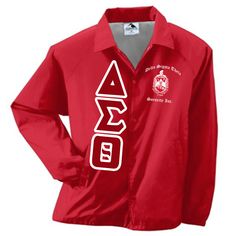 a red jacket with white letters on it