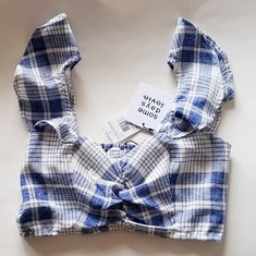 Super Cute, Great For Summer Ruffle Straps Ruched Elastic Backing Brand New Summer Plaid Top For Beach, Chic Plaid Tops For Beach, Chic Plaid Tops For The Beach, Trendy Blue Top For Picnic, Trendy Blue Tops For Picnic, Casual Plaid Crop Top For Summer, Plaid Crop Top, Graphic Crop Top, Blue And White Style