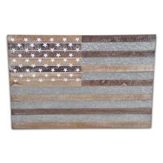 an american flag made out of wood with stars and stripes on the side, against a white background