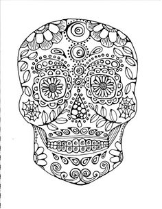 a black and white drawing of a sugar skull