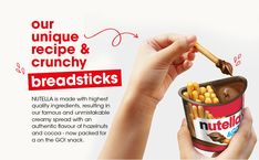 an advertisement for nutella's is shown with the caption, our unique recipe & crunchy breadsticks