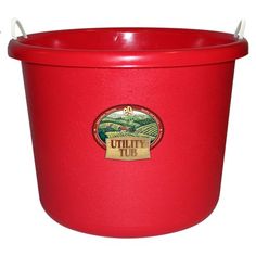 a red bucket with the words utility tub on it's front and bottom