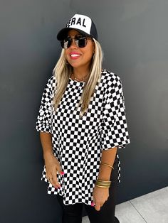 PREORDER- CHECK ME OUT SIDE SLIT TOP Short sleeve Blakely Edgy Outfit Ideas, Checker Pants, Checker Top, Checkered Pants, Online Closet, Kimono Duster, Kimono Dress, Romper Pants, Biker Shorts