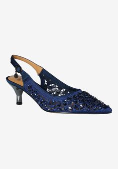 This sling back pump is made of satin/rhinestones with a synthetic lining and synthetic sole on a 2 inch heel.Satin UpperSynthetic LiningSynthetic OutsoleSlingback Pump available in sizes 5-11,12,13M-7-11,12,13W | Women's Diyara Slingback Pump by J. Renee in Navy (Size 6 1/2 M) Low Heel Synthetic Slingback Pumps For Evening, Synthetic Low Heel Slingback Pumps For Evening, Evening Synthetic Slingback Pumps, Evening Synthetic Kitten Heels With Low Heel, Rhinestone Pumps, 2 Inch Heels, Sling Back, Bra And Panty Sets, Slingback Pump