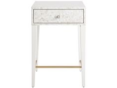 a white and gold side table with drawers on the bottom, in front of a white background